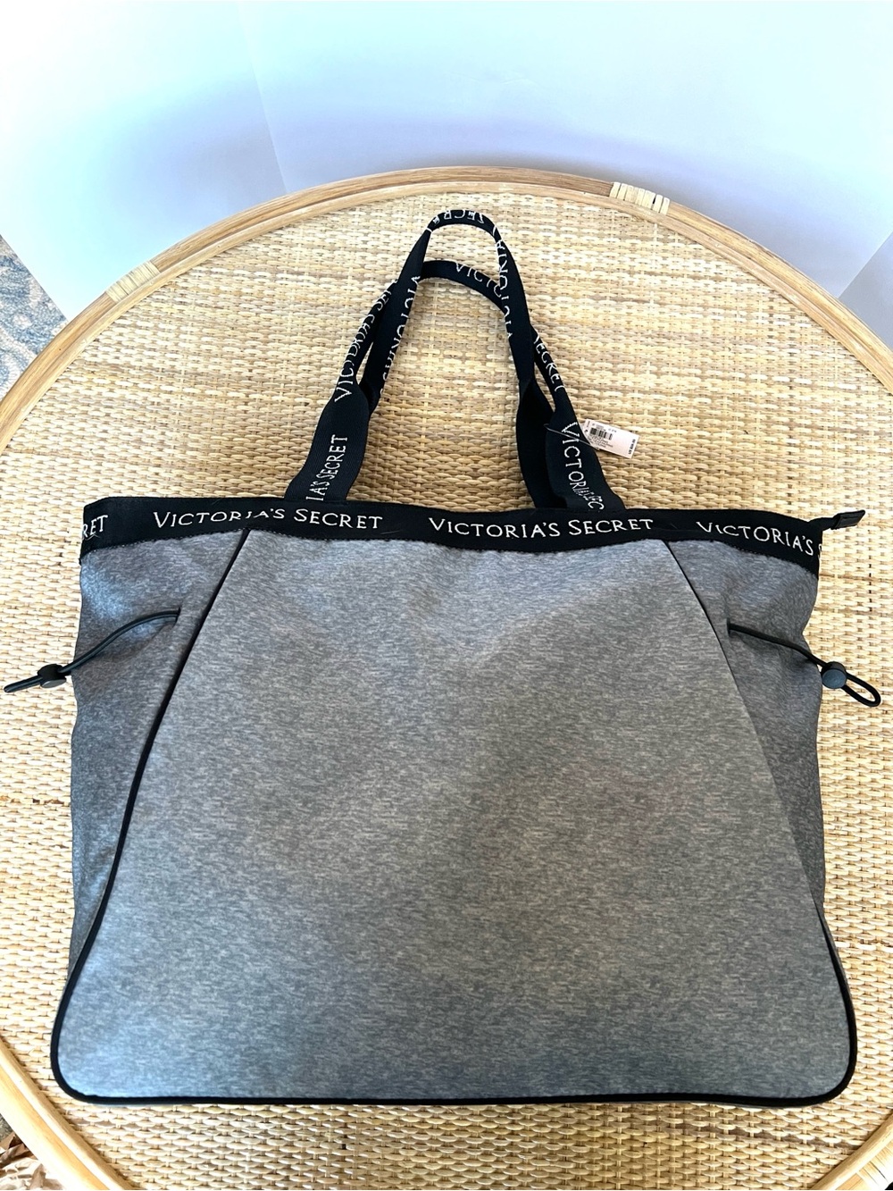 Victorias Secret Sport Cinch Tote Bag grey marl Sporty black accent Recycled NEW